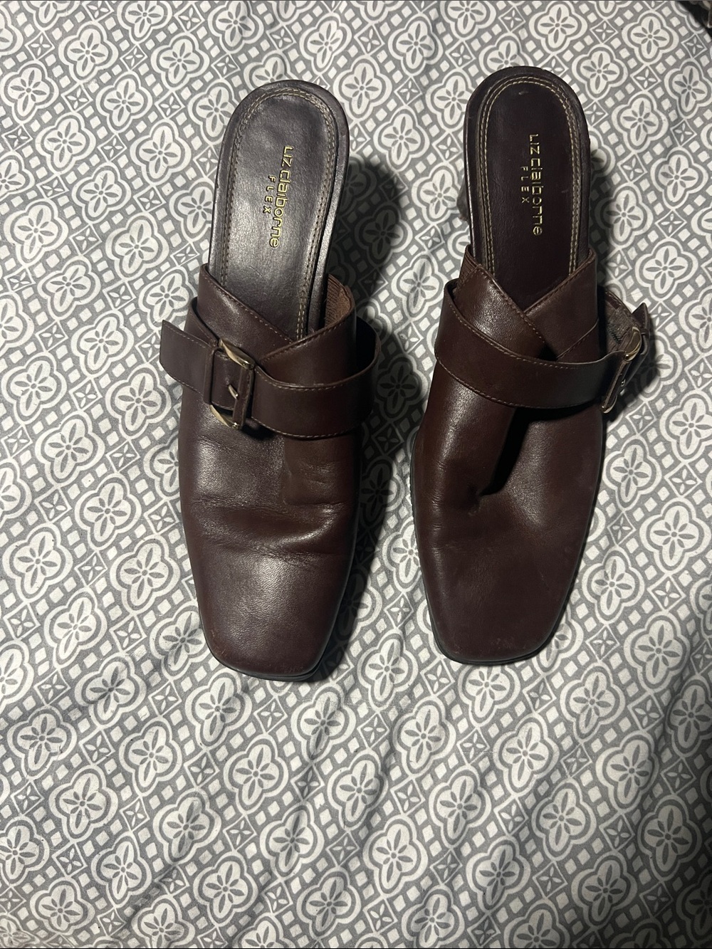 Liz Claiborne Dark Brown Leather Buckle Mules